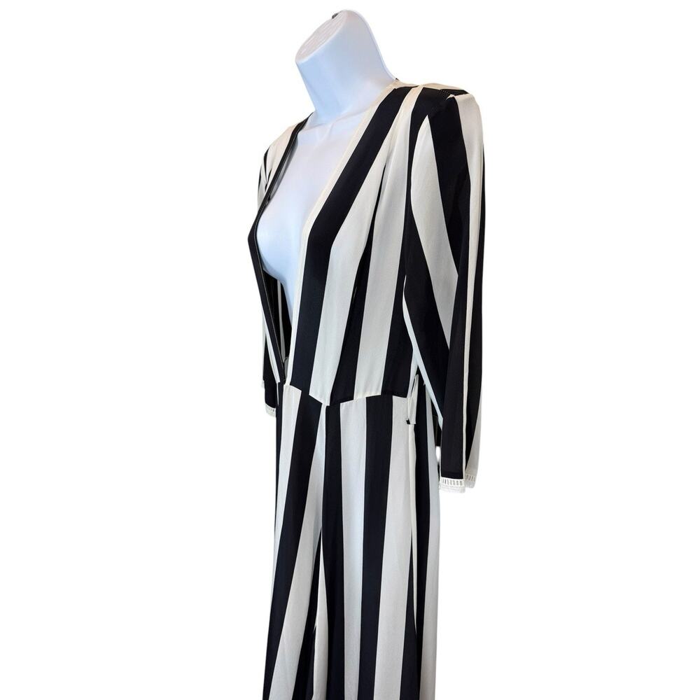 100% Silk Robe Womens Extra Small Black Ivory Striped Beetlejuice Minimalist - Picture 7 of 15
